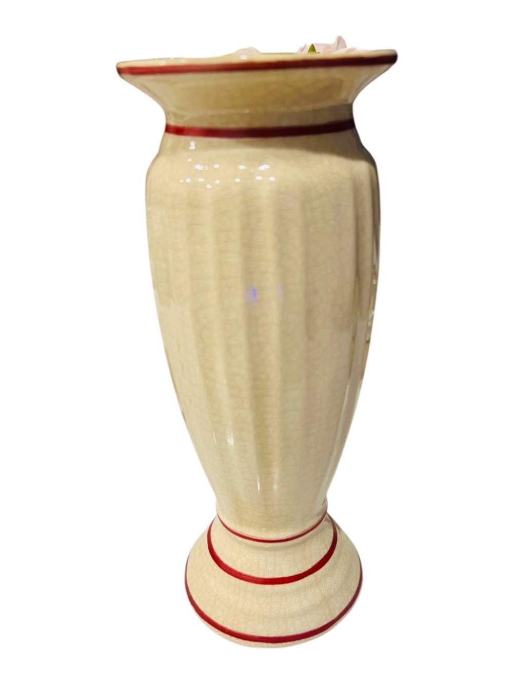 Vintage Art Deco Crackle Glaze Vase 10” Ivory w/ Red Bands Pedestal Ceramic